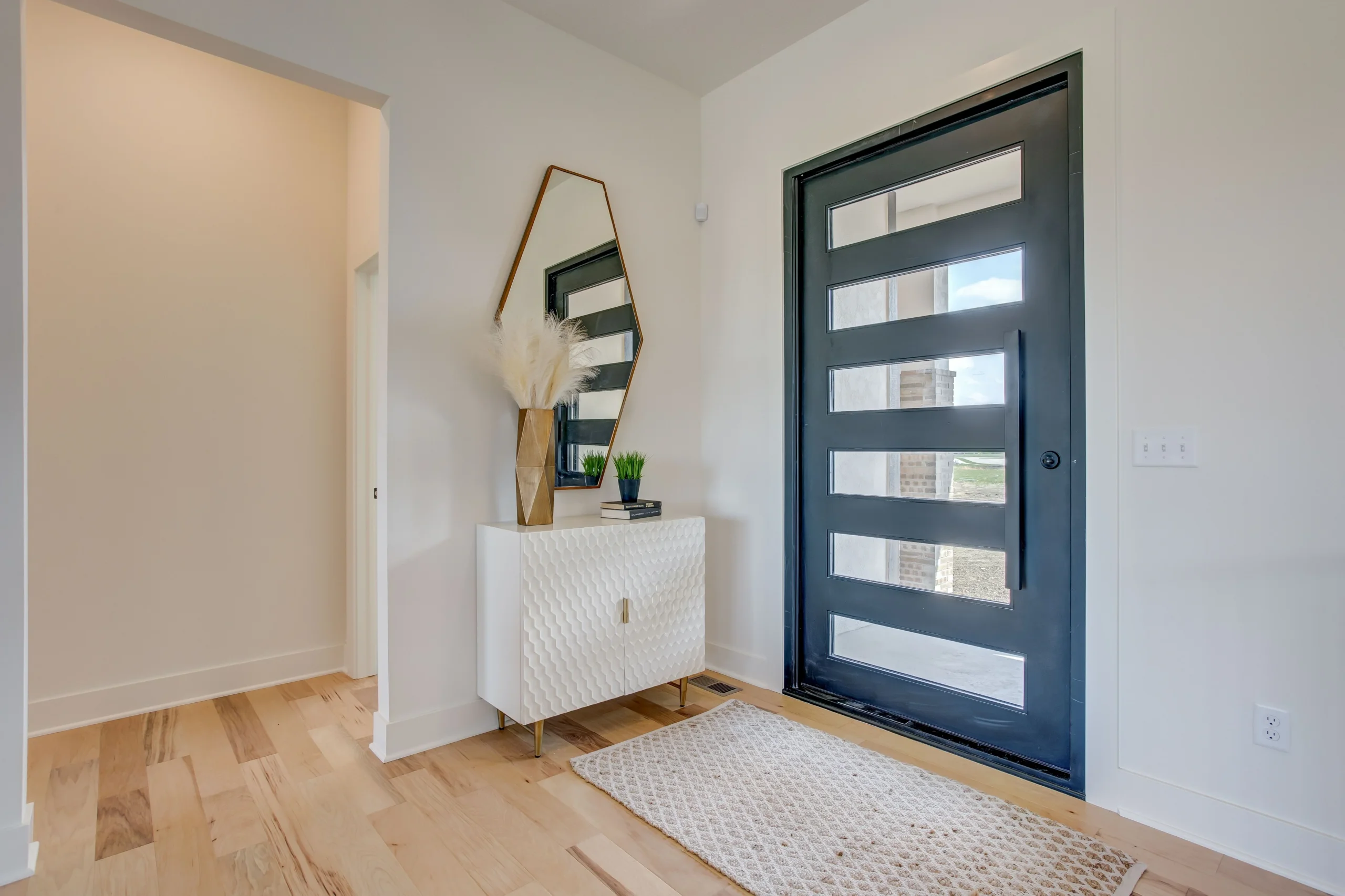 Bright entry with a modern front door in a Sharp home