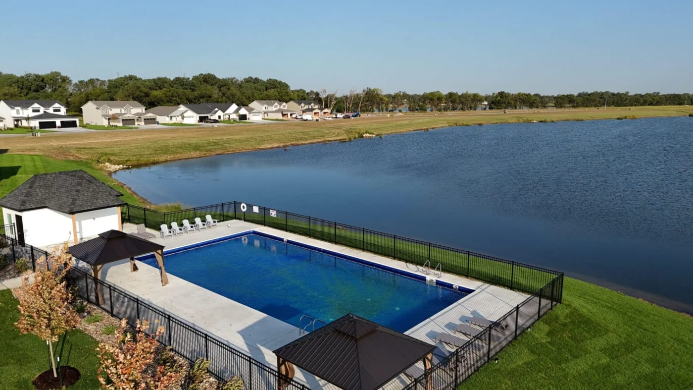 The Long Beach swimming pool and pool house on the edge of the community lake in Maize, Kansas